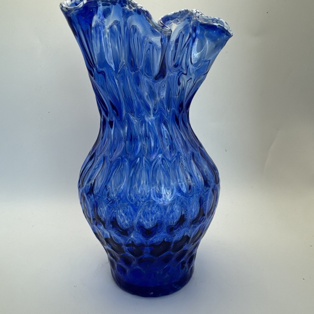 Blue Art Glass  Vase Ruffled Edge‎ 7 Inch Handmade In Poland
